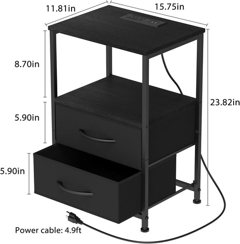 2 YBING Nightstand with Charging Station End Table with Fabric Drawer Bedside Table with USB Ports and Power Outlets