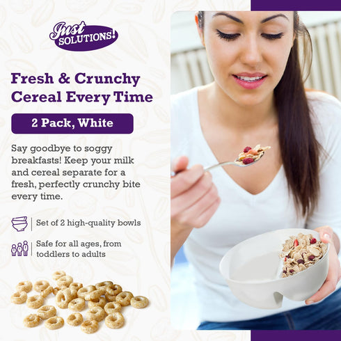 Just Crunch Anti-Soggy Cereal Bowl, 2 Pack - Keeps Cereal Fresh & Crunchy, BPA Free, Microwave Safe, White