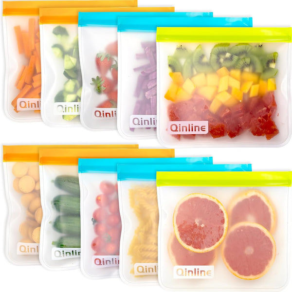 Qinline Reusable Food Storage Bags - 10 Pack Dishwasher Safe Freezer Bags, Leakproof Reusable Lunch Bags