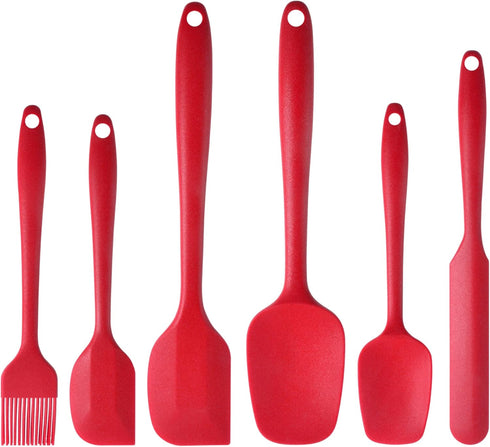 MaxDare Silicone Spatulas and Spoon Set, One-Piece Design, Heat Resistant, Non Stick, Set of 6, Red