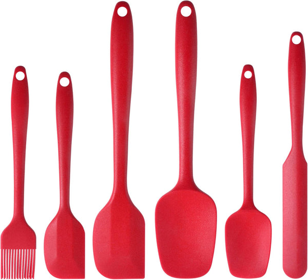 MaxDare Silicone Spatulas and Spoon Set, One-Piece Design, Heat Resistant, Non Stick, Set of 6, Red