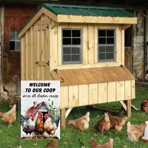 Welcome To Our Coop Chicken Garden Flag, 12x18 Inch Double Sided Rustic Rooster Yard Flag