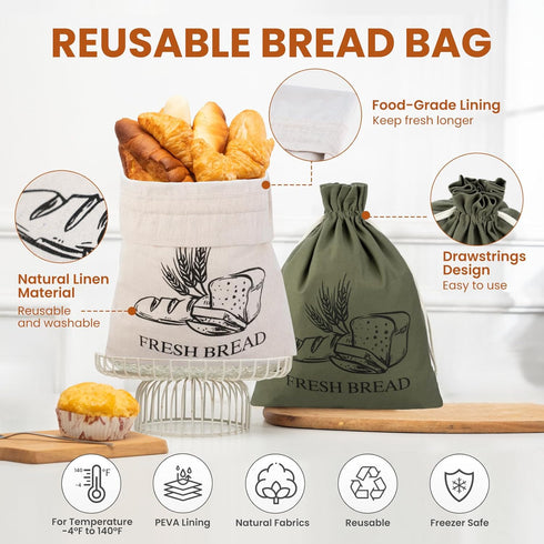 2 Pack 25 Pack Countertop TomCare Larger Bread Box and Linen Bread Bags and Thicker Paper Bread Bags With Tin Ties