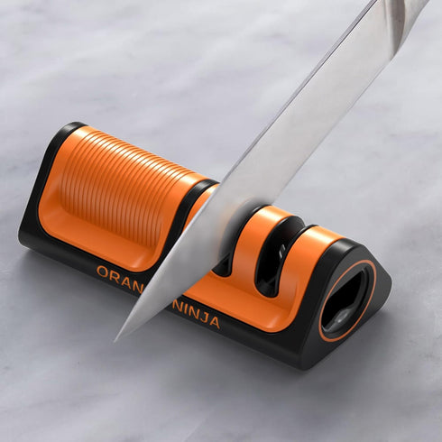 Orange Ninja Mini Knife Sharpener, Coarse & Fine Knife Sharpening System with Bottle Opener & Fridge Attachment