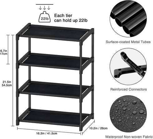 4 Tier Small Shoe Rack, Narrow Stackable Kids Toddler Adult Storage Organizer Shelf for Closet, Entryway, Bedroom