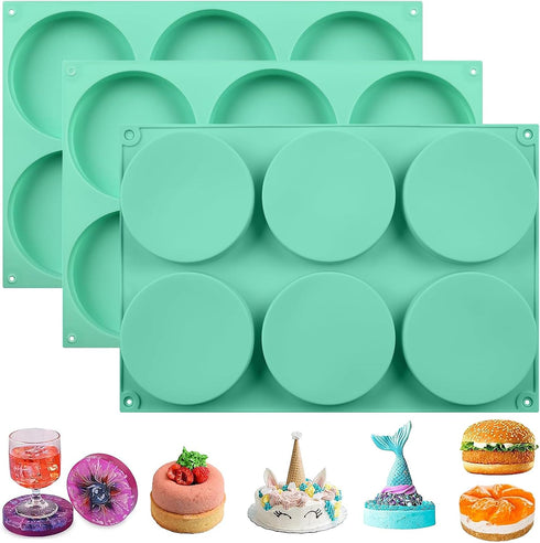 4 Inch Round Silicone Mold for Baking, 3 Pcs Large Non-Stick Muffin Top Pan, 6-Cavity Baking Mold