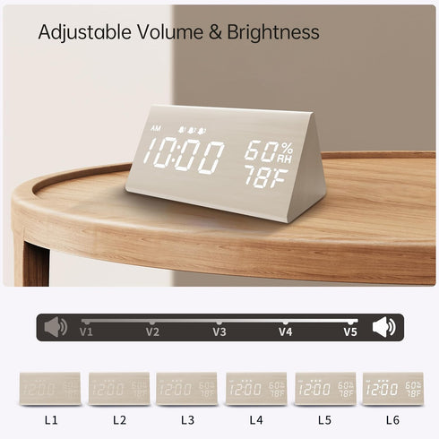 Digital Alarm Clock with Wooden LED Time Display, 3 Alarm Settings, Humidity & Temperature Detect
