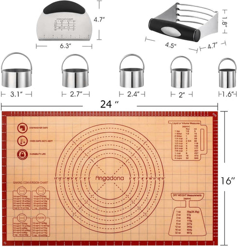 Biscuit Cutter,Pastry Cutter, Bench Scraper, Silicone Pastry Dough Baking Mat Set, Baking Tools and Accessories Kit by Angadona