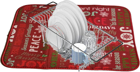 Christmas Holiday Typography Print Kitchen Microfiber Dish Drying Mat, 16 x 18 Inches