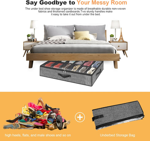 Under Bed Shoe Storage Organizer, Fits 12 Pairs, Underbed Shoe Container Solution with Clear Window
