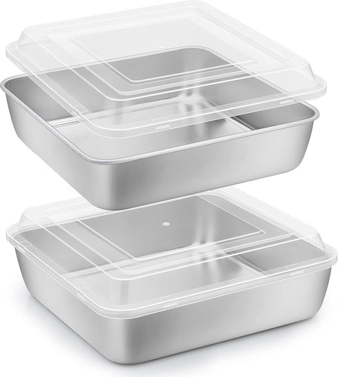 Herogo 8”x 8” Square Cake Pan Set, Stainless Steel with Lid for Brownies, Lasagna, and Cakes, 2 Pans + 2 Lids