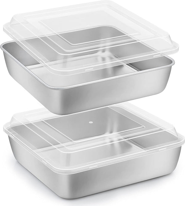 Herogo 8”x 8” Square Cake Pan Set, Stainless Steel with Lid for Brownies, Lasagna, and Cakes, 2 Pans + 2 Lids