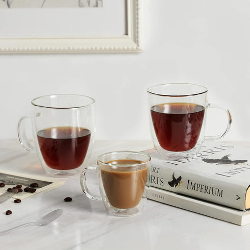 12oz,Double Handle,Set 4 CNGLASS Large Glass Coffee Mugs Walled Insulated Cappuccino Mug