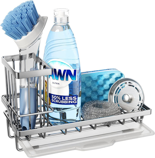 Consumest Sink Caddy - Kitchen Sponge Holder & Dish Brush Holder with Drip Tray, Stainless Steel Rustproof - Silver