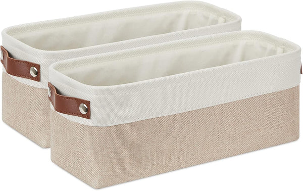 DULLEMELO 2-Pack Bathroom Baskets, Small Canvas Fabric Storage Bins with Leather Handles for Organizing Closets