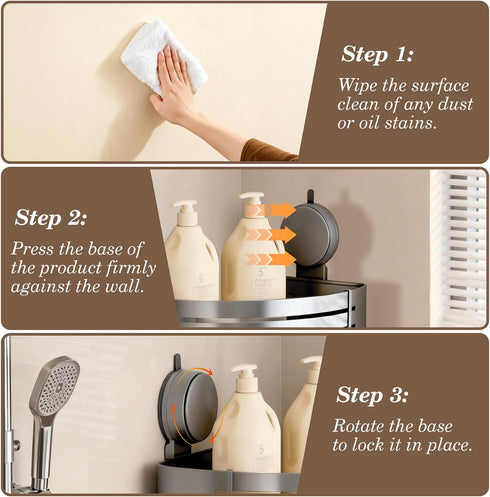 Structoline Caddy(1-Pack No-Drilling Corner Suction Cup Shower Gray),Rust-Proof and Durable Bathroom Organizer