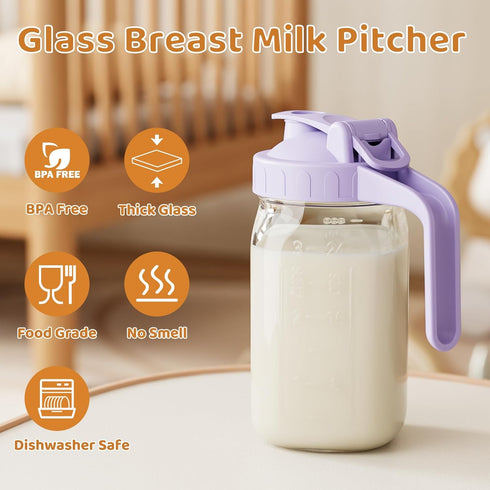 32 oz, Breast Milk Pitcher, Mason Jar Heavy Duty Wide Mouth Jar with Purple Flip Cap Lid and Pour Spout, Formula