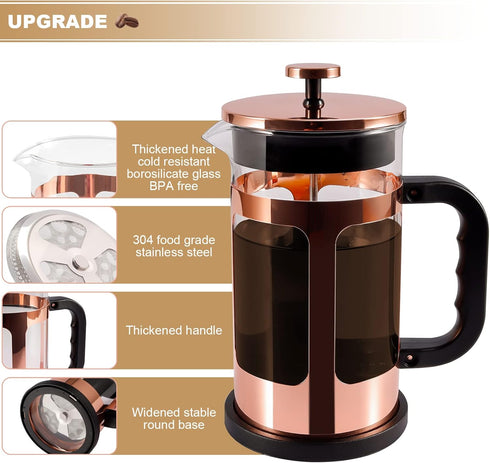 French Press Coffee Tea Maker, Upgrade Heat Cold Resistant Thickened Glass, 4 Level Stainless Steel Filtration, 1000ml