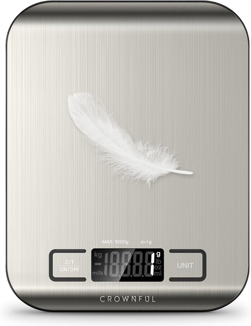 CROWNFUL Food Scale, 11 lb Digital Kitchen Scales with Built-in Coin Battery, LCD Display, 304 Stainless Steel