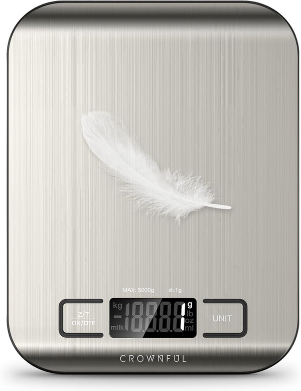 CROWNFUL Food Scale, 11 lb Digital Kitchen Scales with Built-in Coin Battery, LCD Display, 304 Stainless Steel