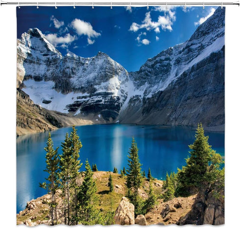 Mountain Lake Shower Curtain with Scenic Print, Blue Sky and White Cloud, Bathroom Decor Set with Hooks (70" W x 70" H)