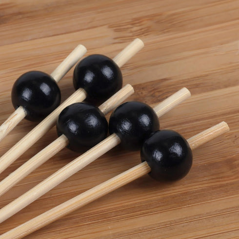 BambooMN Decorative Ball End Cocktail Picks, 4.7" Black, 100 pcs for Events and Parties