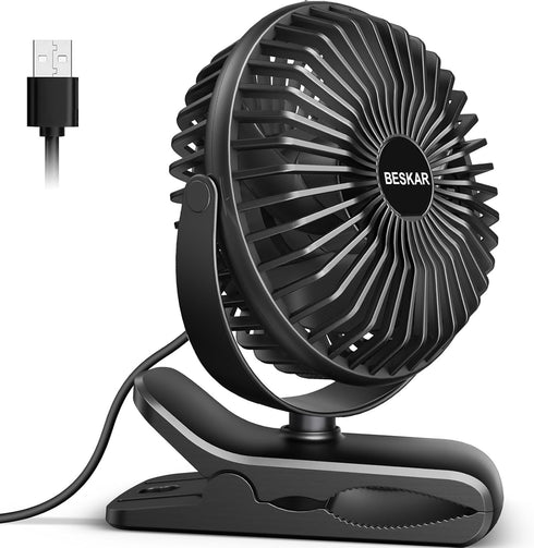 BESKAR Small Clip on Fan, 3 Speeds USB Fan with Strong Airflow for Office and Stroller