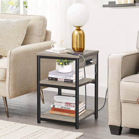 TUTOTAK End Table with Charging Station, Nightstand, 3-Tier Couch Side Table with