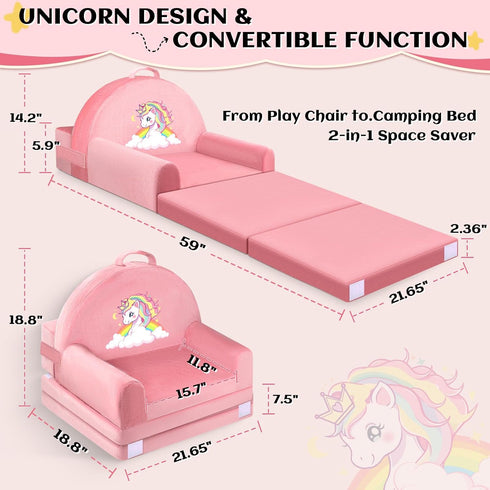 ORWIPO Cozy Unicorn Kids Sofa Bed with Removable Washable Cover & Hook and Loop Backrest Foldable Toddler Chair