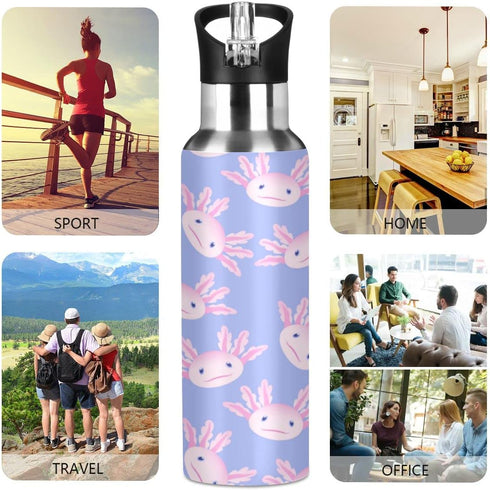 Cute Pink Axolotl Water Bottle, 32 oz Insulated Stainless Steel, BPA-Free, with Straw Lid for School, Office, Gym,