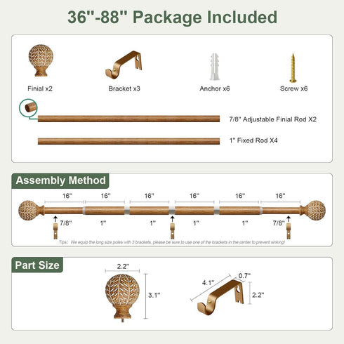 QDWIS 48 84 Inch,1'' Set,36-88'',Color:Natural Wood Curtain Rods for Windows to Diameter Drapery Rods with Imitation