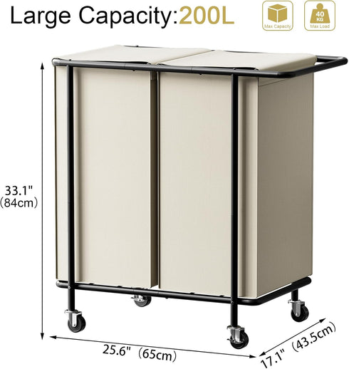 Wheels,200L 2 Chrislley Double Laundry Hamper with Rolling Laundry Basket Section with Lid,Steel Frame Laundry Cart