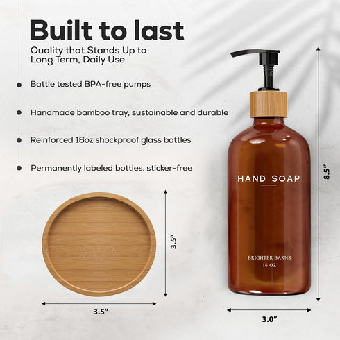 Brighter Barns Amber Glass Hand Soap Dispenser Set - Modern Bathroom Decor with Bamboo Tray for Kitchen Sink & Bathroom