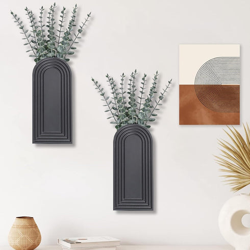 2 Pack Set Dnnnii Wooden Wall Vase - Black Finish Modern Farmhouse & Boho Wall Decor for Entryway, Hallway, Bathroom