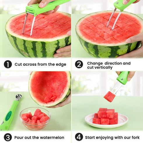 Premium 3 in 1 Watermelon Cutter Slicer Tool - Foldable Stainless Steel Fruit Cutter for Kitchen Gadgets