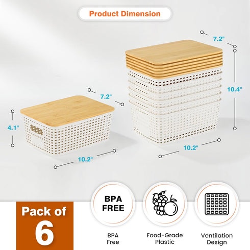 Plastic Storage Baskets with Bamboo Lid, Stackable Storage Containers for Organizing Shelves, Drawers, Desktop (6 Pack)