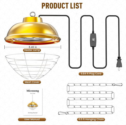 Micosong 300 Bulb 2 Watt Heat Lamp for Chicken Coop, Hanging Chicken Coop Heater, Carbon Fiber Waterproof Coop Heater