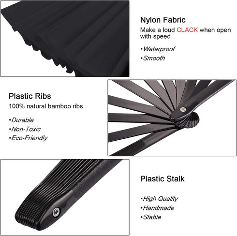Maitys 2 Packs Large Clap Fans for Line Dancing, Chinese Folding Hand Fans for Men and Women (Black)