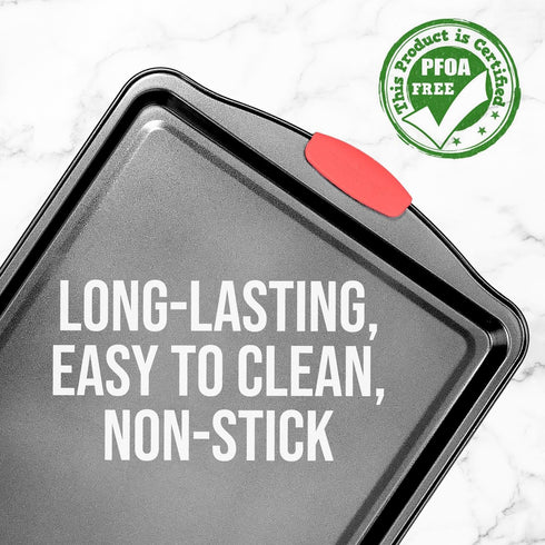 NutriChef Kitchen 15” Non Stick Cookie Sheet, Medium Gray Carbon Metal Bakeware with Red Handles