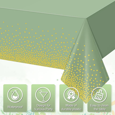 1 Pack 54"x108" FunnyPars Sage Green and Gold Plastic Tablecloth, Green Disposable Table Cloth for Rectangle Tables