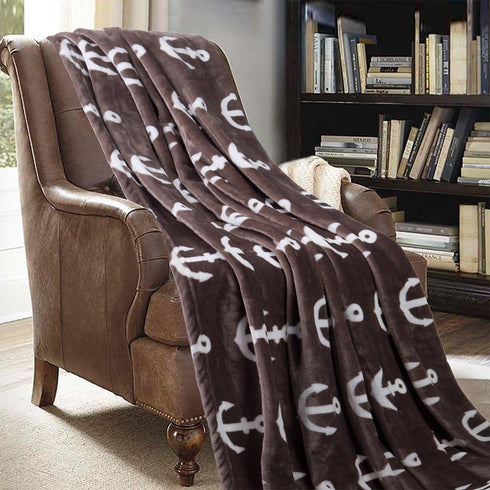 JML Throw Blanket for Couch, Super Soft Lightweight Microfiber Fuzzy Flannel, Shawls for Adults or Pets, Brown Anchor