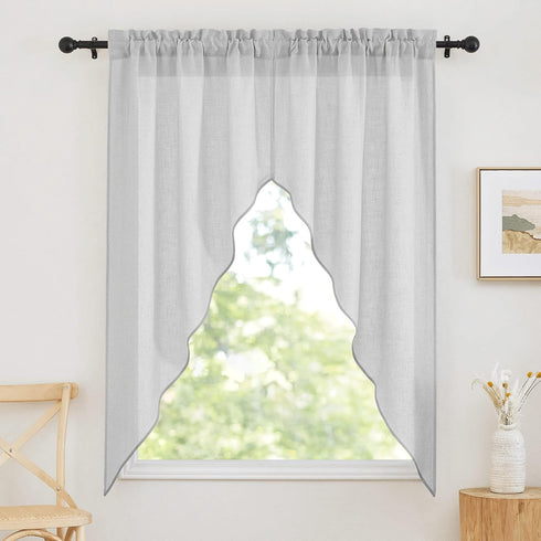 RYB HOME Semi Sheer Valance Curtains, 36 x 63 inches, 2 Panels, Dove Grey, Linen Texture Wave Fabric for Light