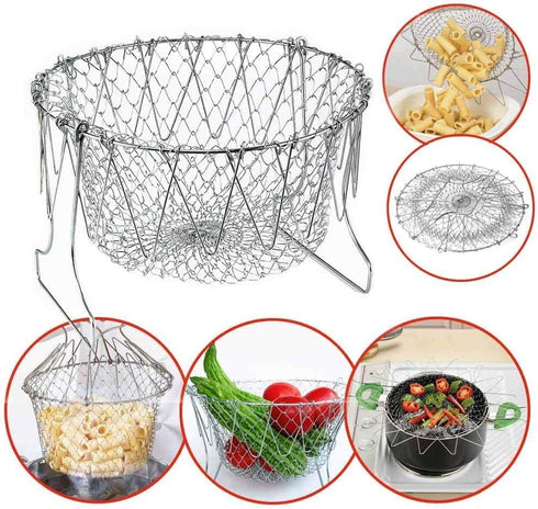 304 Stainless Steel Foldable Steam Rinse Strain Fry Basket, Kitchen Cooking Tool