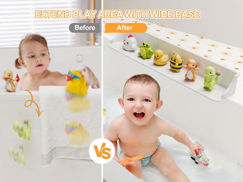 3-Ft Cushore Bathtub Splash Guard PlayPad with Strong Suction Cups, Toy Tray Caddy Holder Storage, No-Leak, Mess-Free