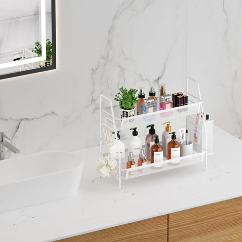 VITVITI 2-Tier Bathroom Organizer, Metal Wire Mesh Storage with Basket Hooks for Vanity Tray Shelf and Kitchen Spice