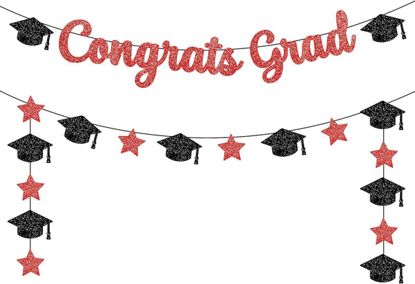 KatchOn Glitter Congrats Grad Banner, Red and Black - 10 Feet Graduation Banner, Grad Cap Garland for Class of 2025