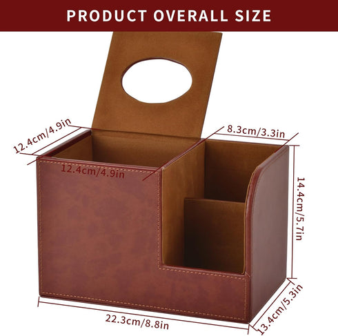PU Leather Square Tissue Box Cover, Multifunctional Holder for Tissue and Remote Control, Decorative Desk Organizer,