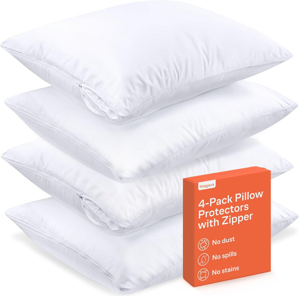 Ultra Soft Pillow Protectors, Set of 4, Standard Size, 100% Protection Against Stains, Dust & Dirt, Machine Washable