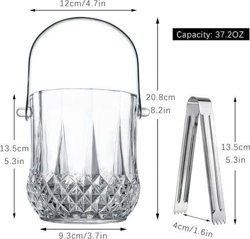 Glass Ice Bucket with Handle and Ice Tong - Clear Crystal Ice Buckets for Cocktail Bar, Wine Home Bar Accessories