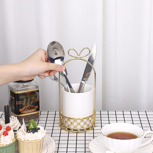 JUXYES Ceramic Silverware Holder for Tabletop, White Cutlery Holder with Golden Metal Bracket for Kitchen